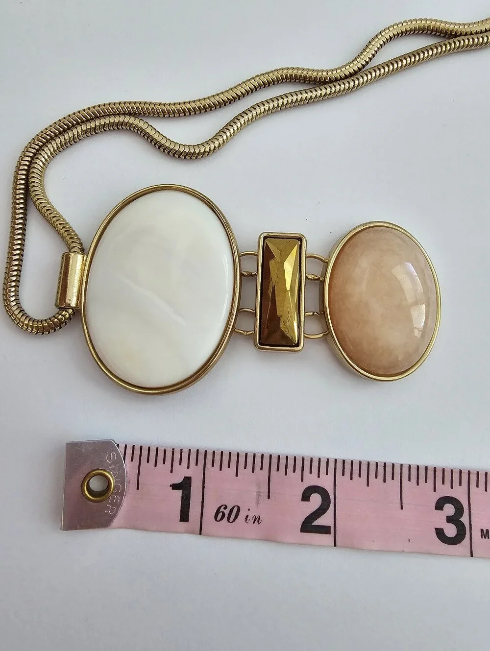​Gold Tone Multi Stone Pendant Necklace White Peach Cabochon Geometric Snake